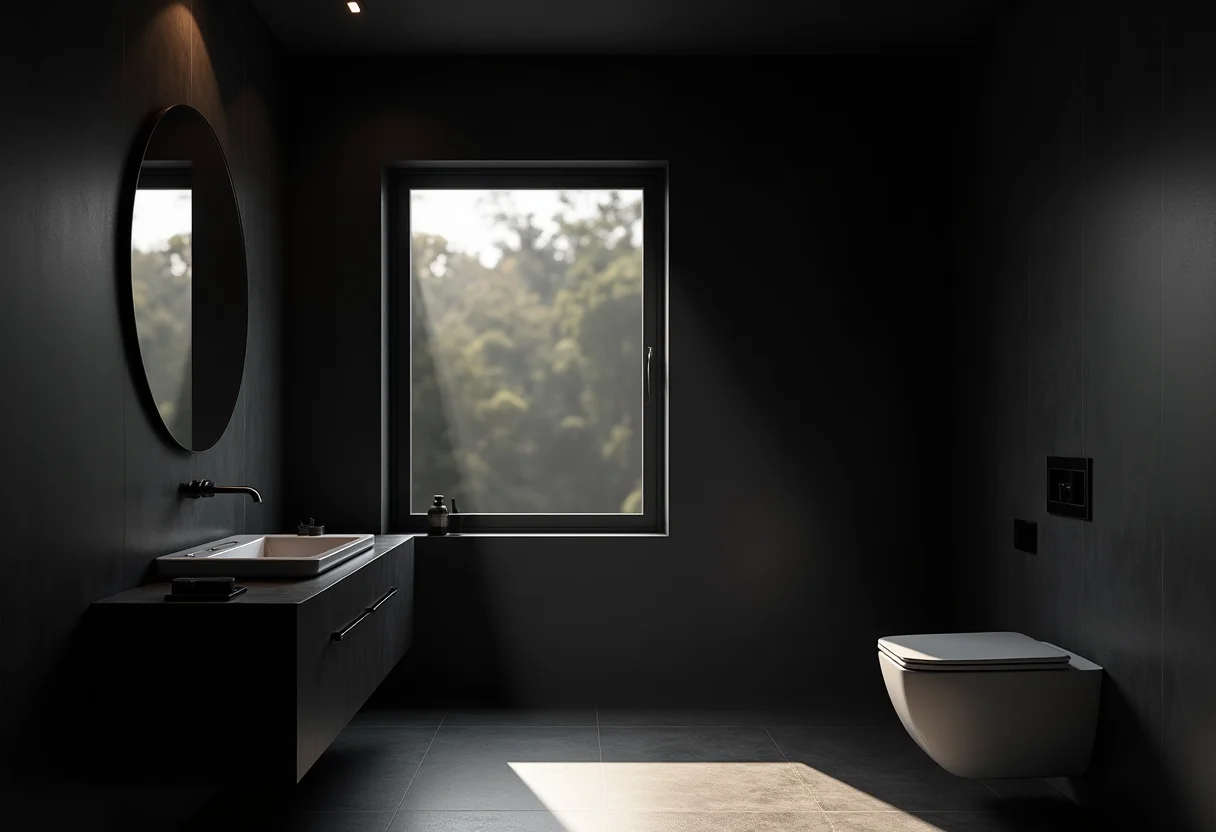 Banheiro todo preto com design moderno e iluminação natural