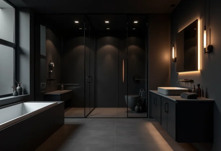 Banheiro todo preto com design sofisticado e iluminação elegante.