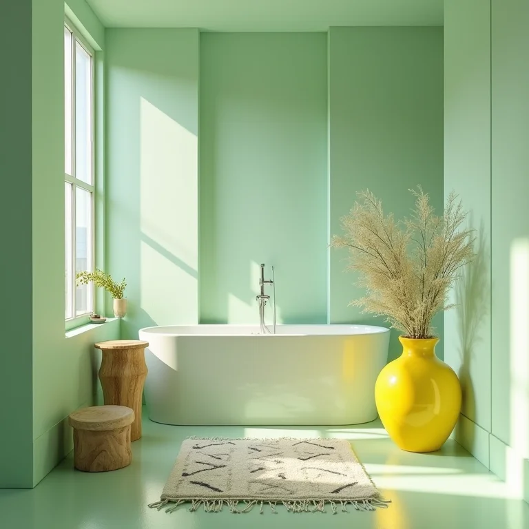 Banheiro verde claro com elementos de destaque coloridos.