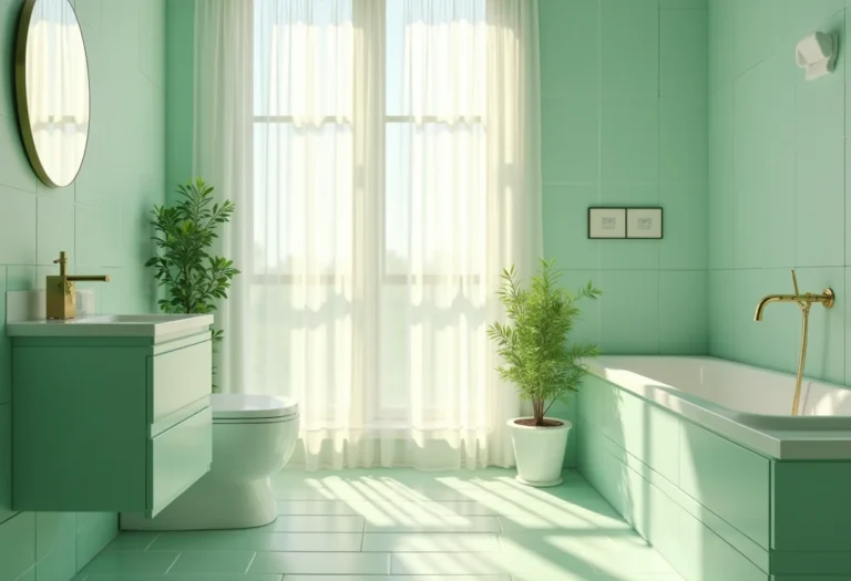 Banheiro verde claro com luz natural e decoração minimalista.