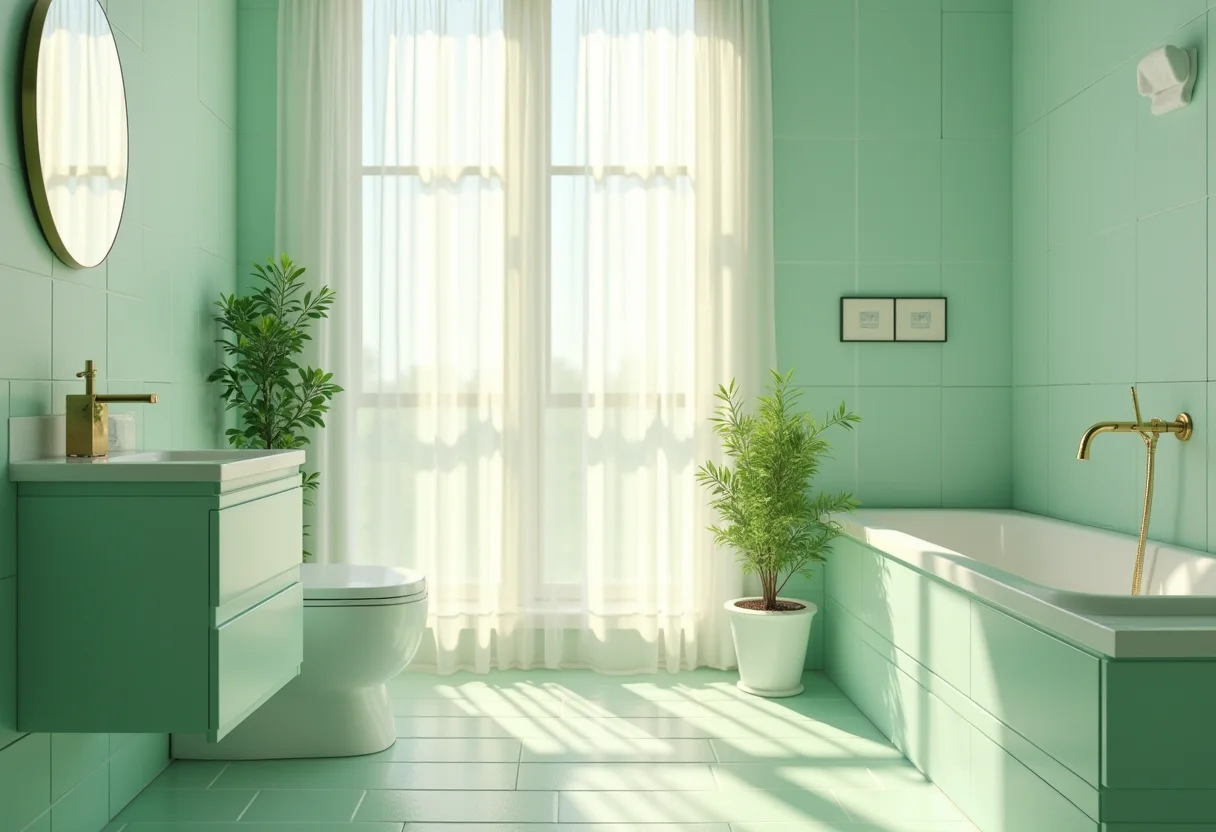 Banheiro verde claro com luz natural e decoração minimalista.