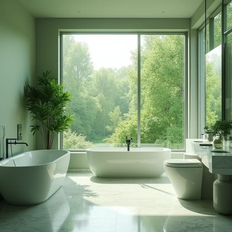 Banheiro verde e branco integrado à natureza.