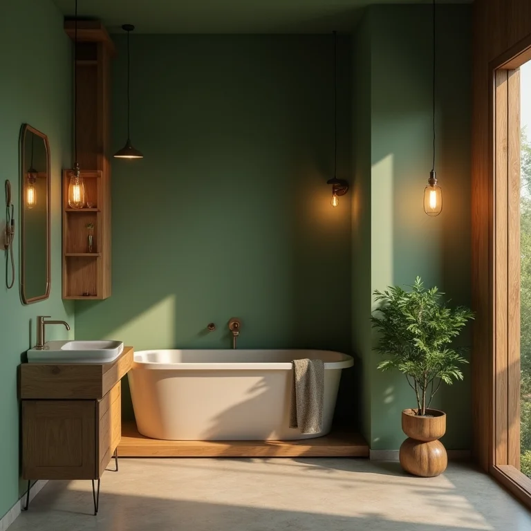 Banheiro verde e de madeira com iluminação suave.