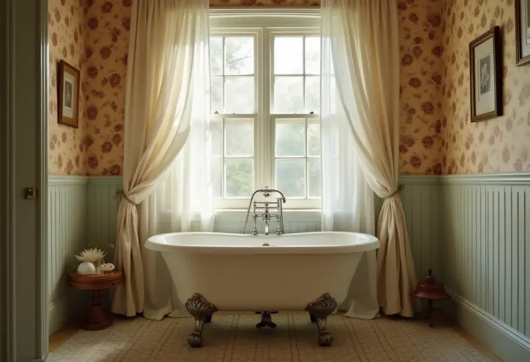 Banheiro vintage com banheira de pés de garra e papel de parede estampado