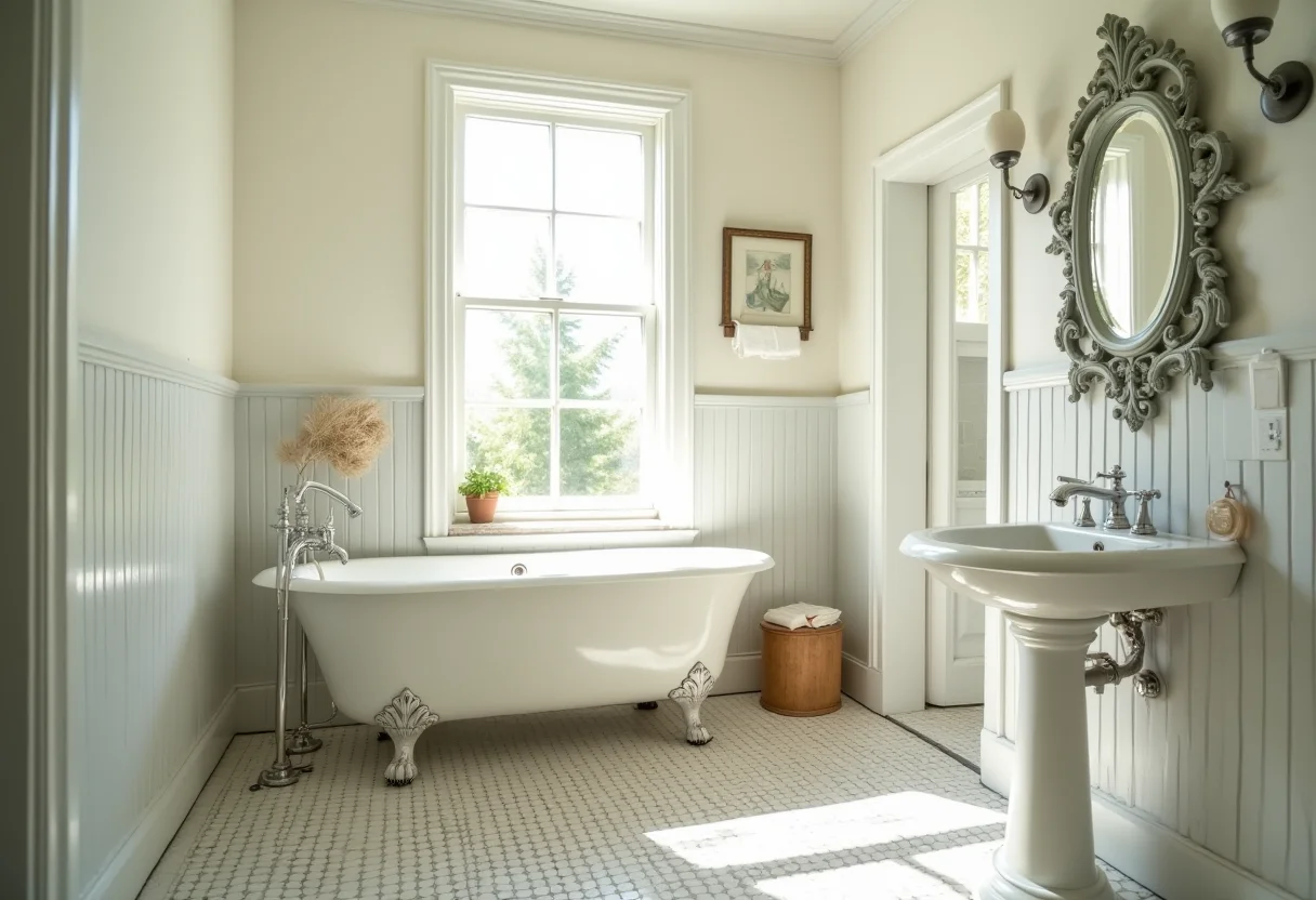 Banheiro vintage com banheira de pés e azulejos estampados