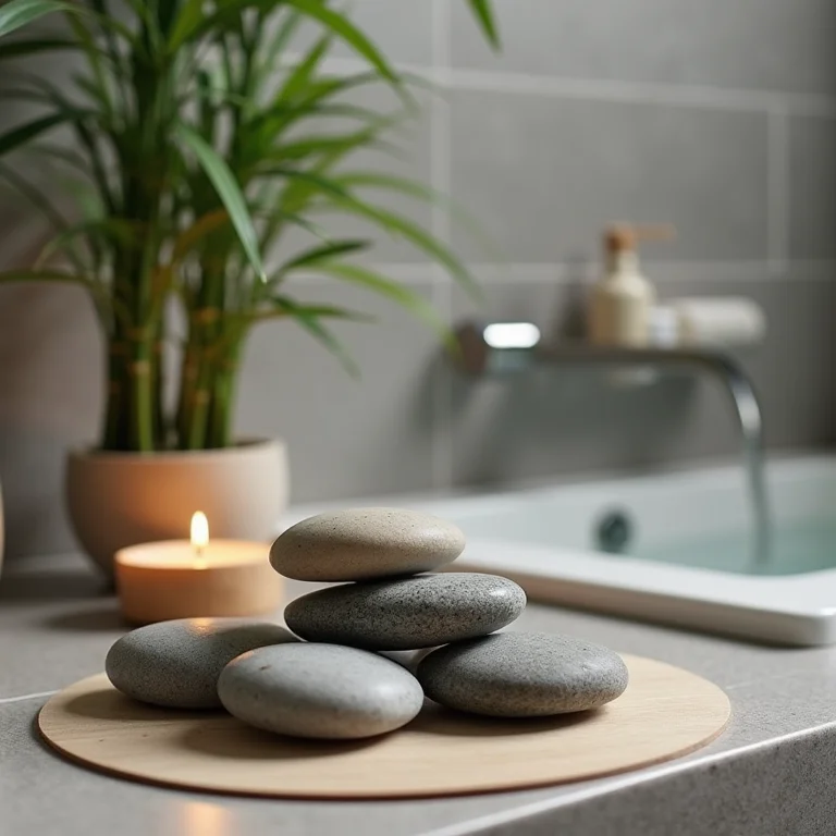 Banheiro zen com pedras, bambu e vela aromática