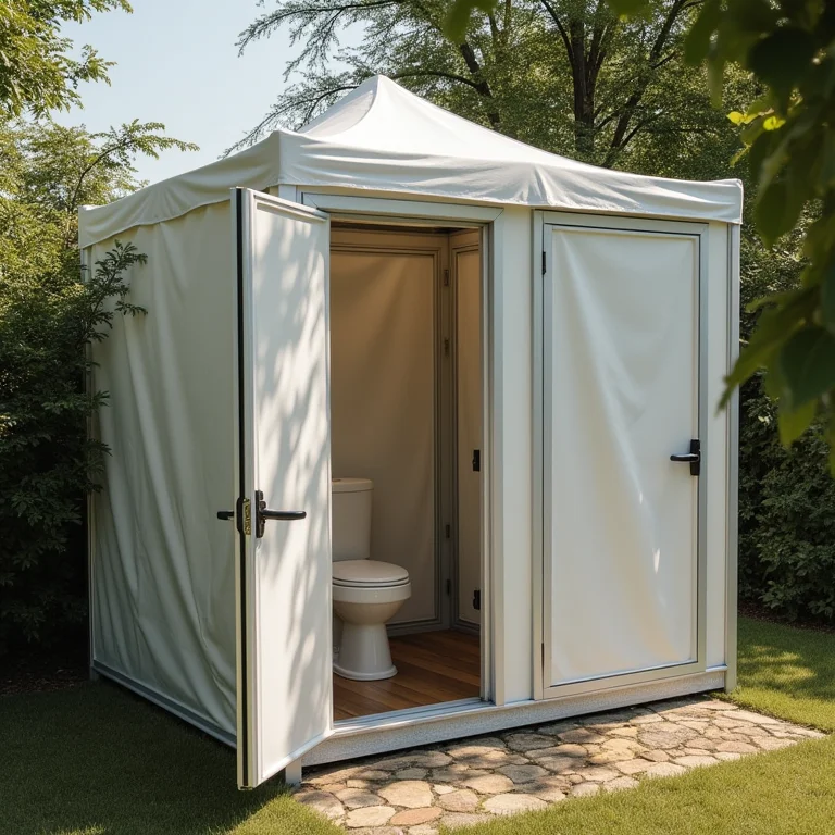 Banheiros químicos de luxo em um casamento ao ar livre, integrados à decoração