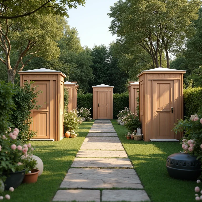 Banheiros químicos de luxo em uma festa no jardim, com decoração floral e iluminação charmosa