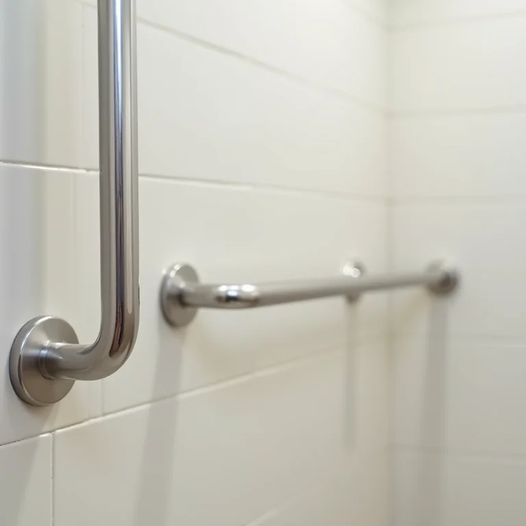 Barras de apoio em aço inoxidável instaladas em banheiro PNE
