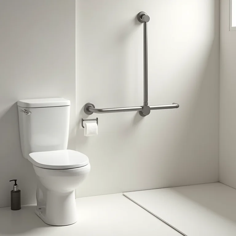 Barras de apoio instaladas no banheiro para auxiliar idosos.