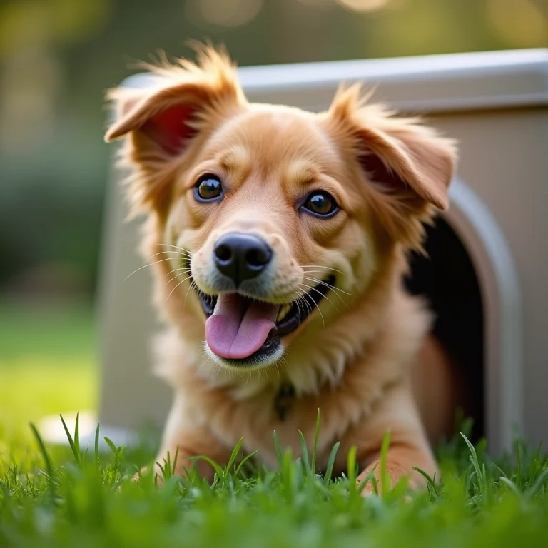 Cachorro feliz usando um banheiro inteligente