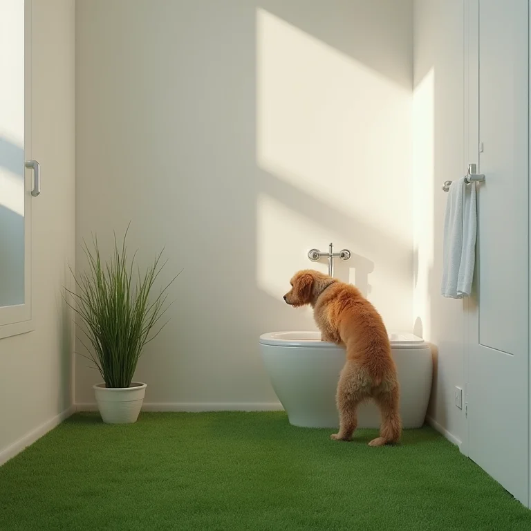 Cachorro usando banheiro com grama sintética