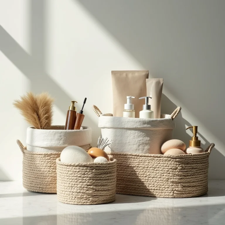 Caixas e cestas organizadoras em um banheiro