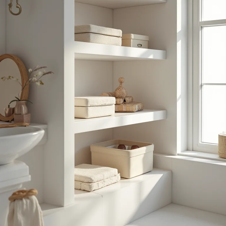 Caixas organizadoras otimizando espaço vertical em banheiro
