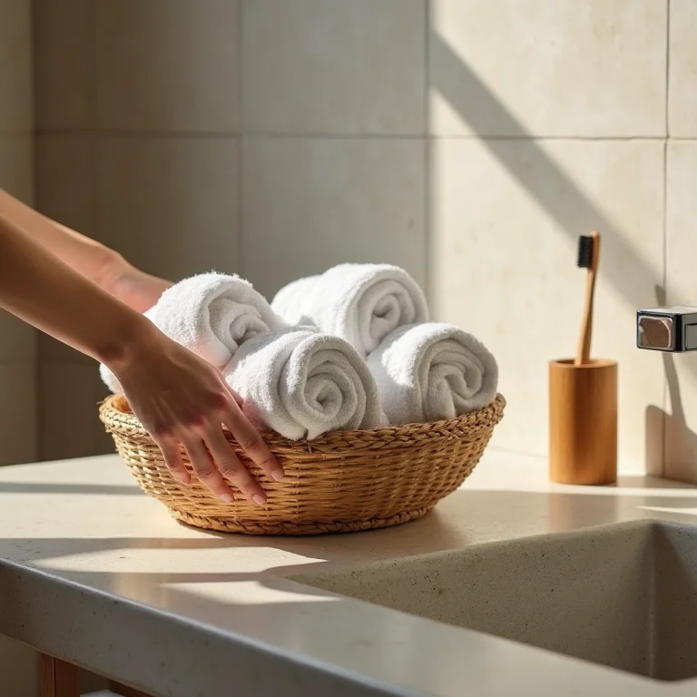 Cesta de vime com toalhas enroladas em banheiro com pia de pedra