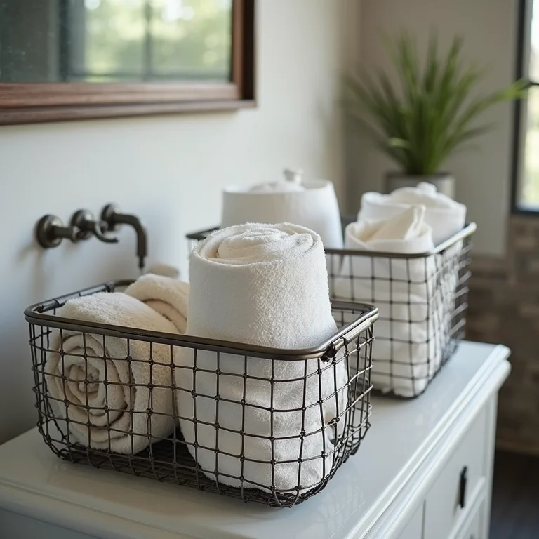 Cestas de metal para organização em banheiro industrial