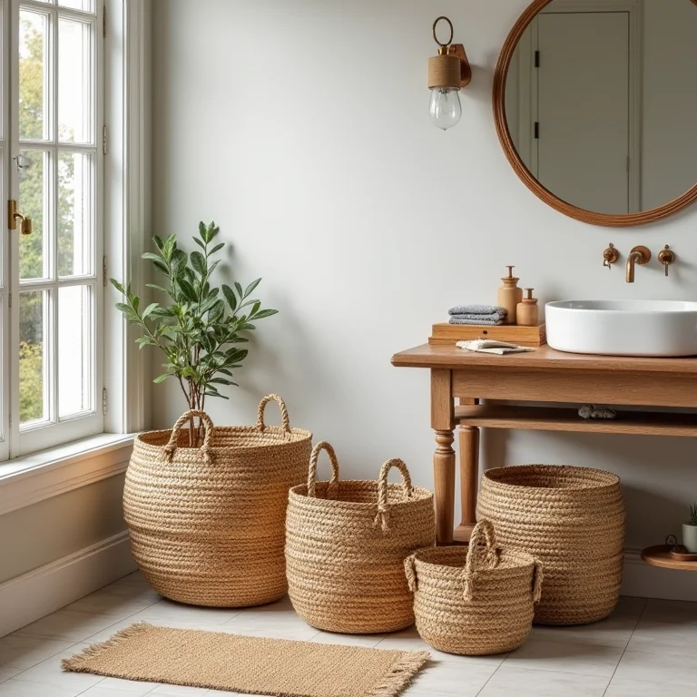 Cestos de vime, tapete de juta e bancada de madeira rústica em banheiro boho