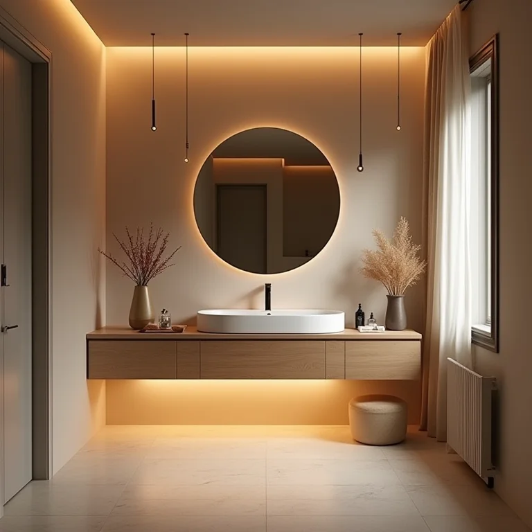 Combinação de diferentes tipos de iluminação em banheiro moderno