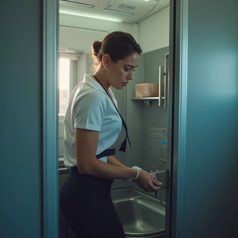 Comissária de bordo demonstrando preocupação ao limpar um banheiro de avião.