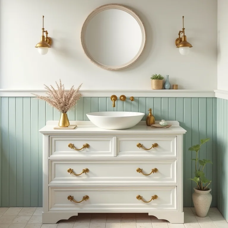 Cômoda vintage reaproveitada como armário de banheiro.