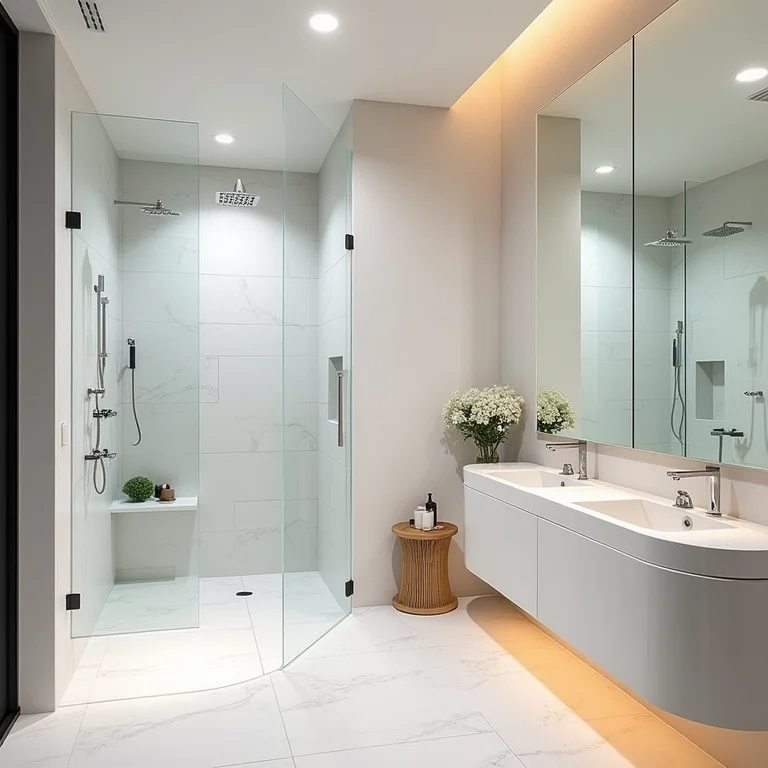 Comparação de banheiro antes e depois da instalação de chuveiro duplo.