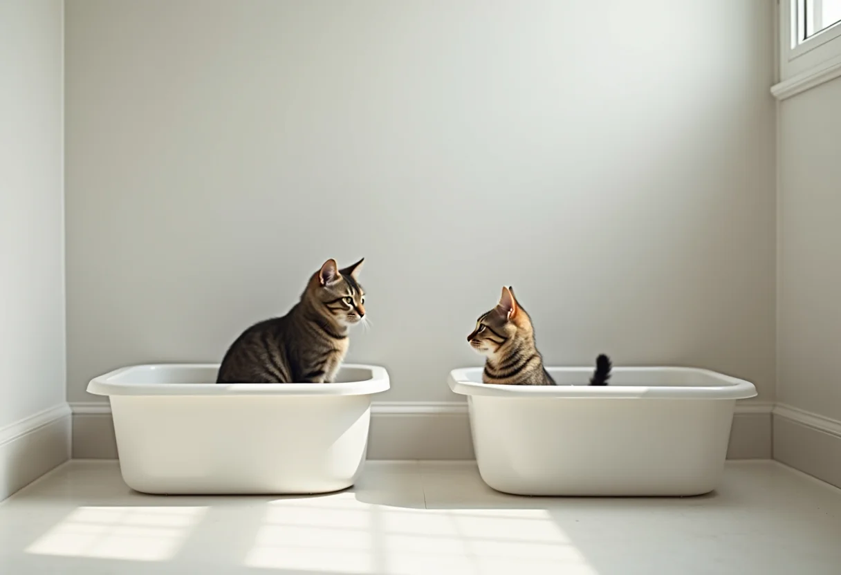 Comparativo visual de um banheiro de gato limpo e um sujo.