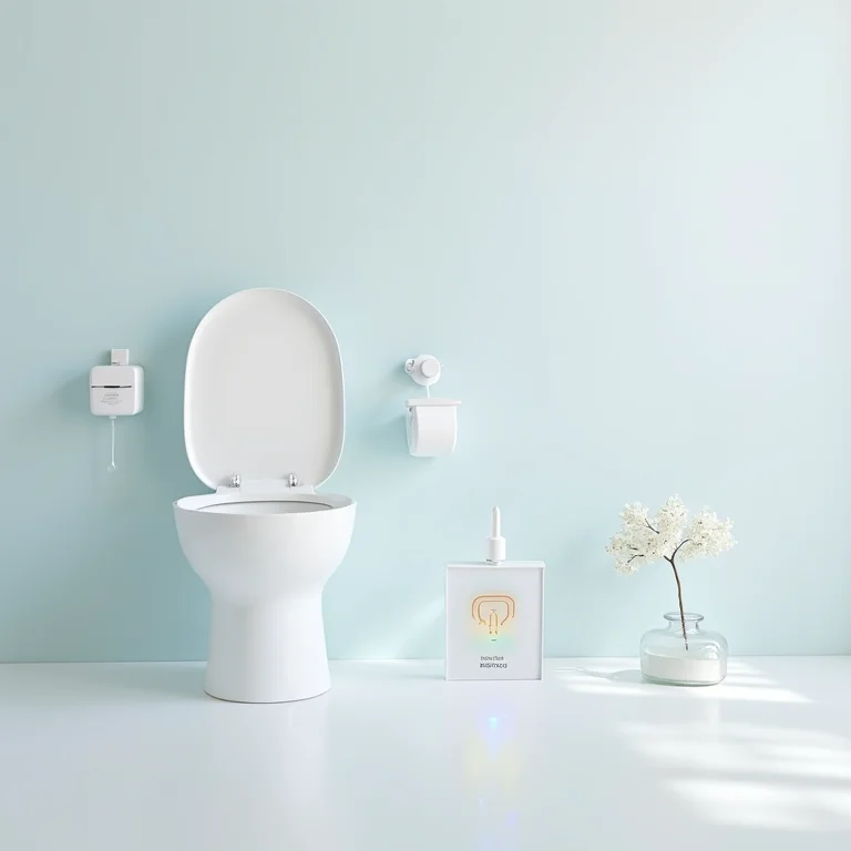 Componentes principais de um banheiro autolimpante dispostos em um flat lay editorial