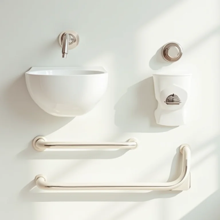 Composição de elementos de banheiro acessível: barras de apoio, tapetes antiderrapantes e espelho ajustável.