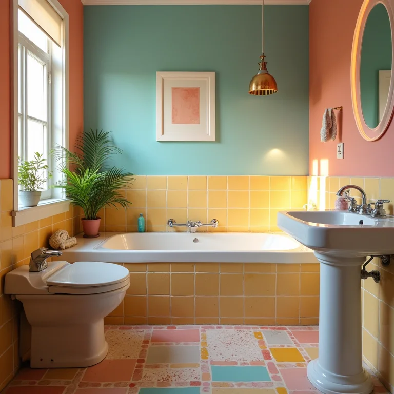 Cores e estampas incompatíveis em um banheiro, criando um ambiente visualmente caótico.