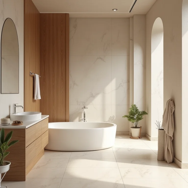 Cores e materiais naturais valorizando o ambiente do banheiro