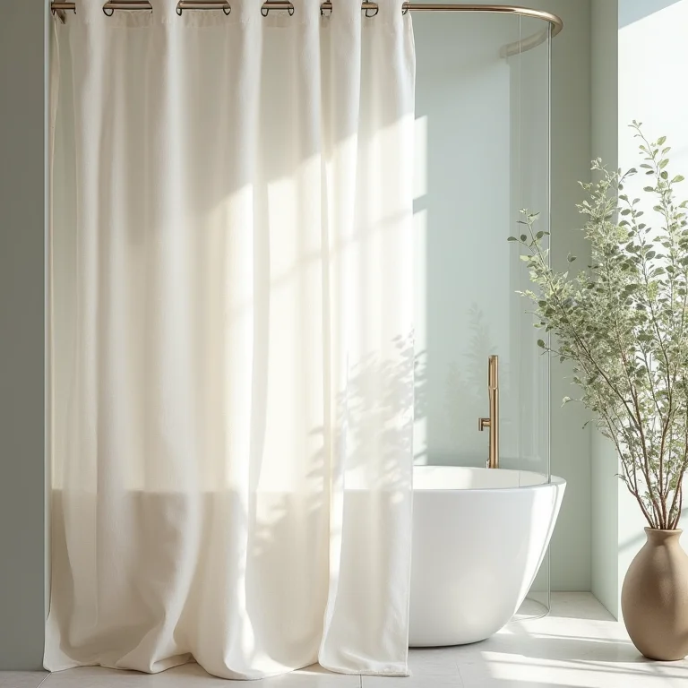 Cortina de linho e box de vidro com eucalipto no banheiro