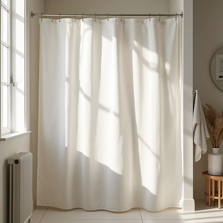 Cortina de tecido com estampa geométrica em banheiro