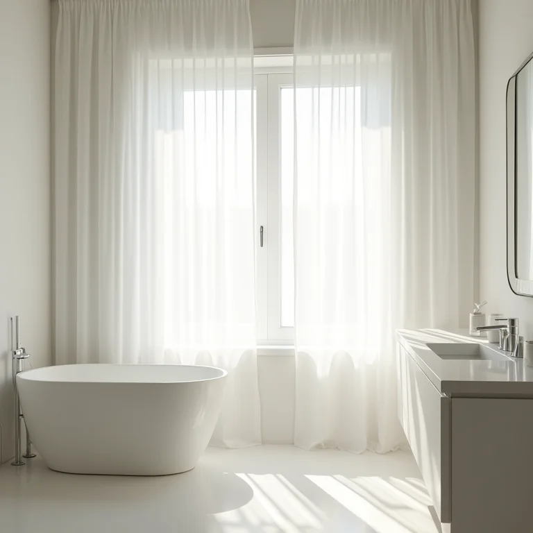 Cortinas brancas translúcidas filtrando a luz natural no banheiro