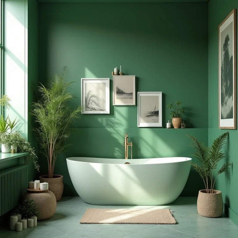 Decoração de banheiro verde com plantas, velas e quadros.
