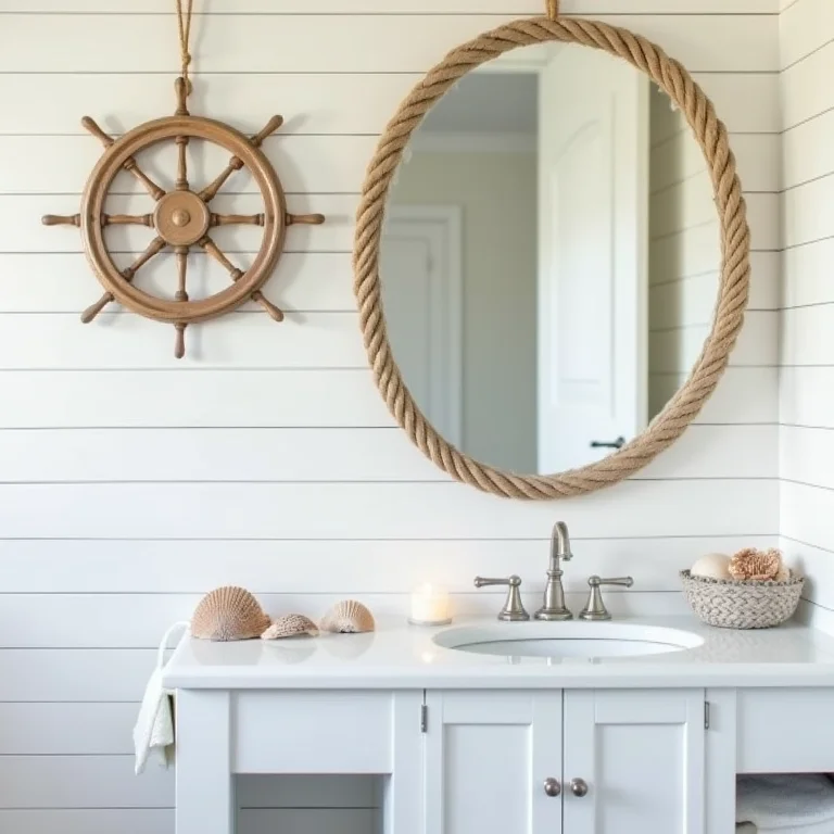 Decoração náutica para banheiro: roda de leme, espelho de corda e conchas