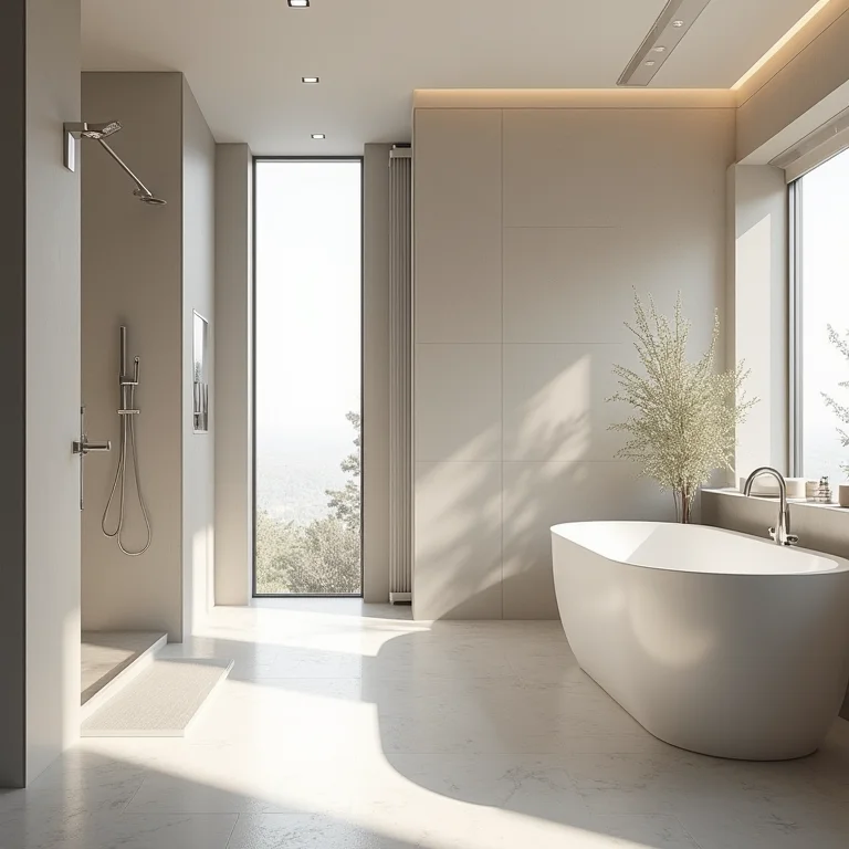 Design elegante de banheiro com dois chuveiros