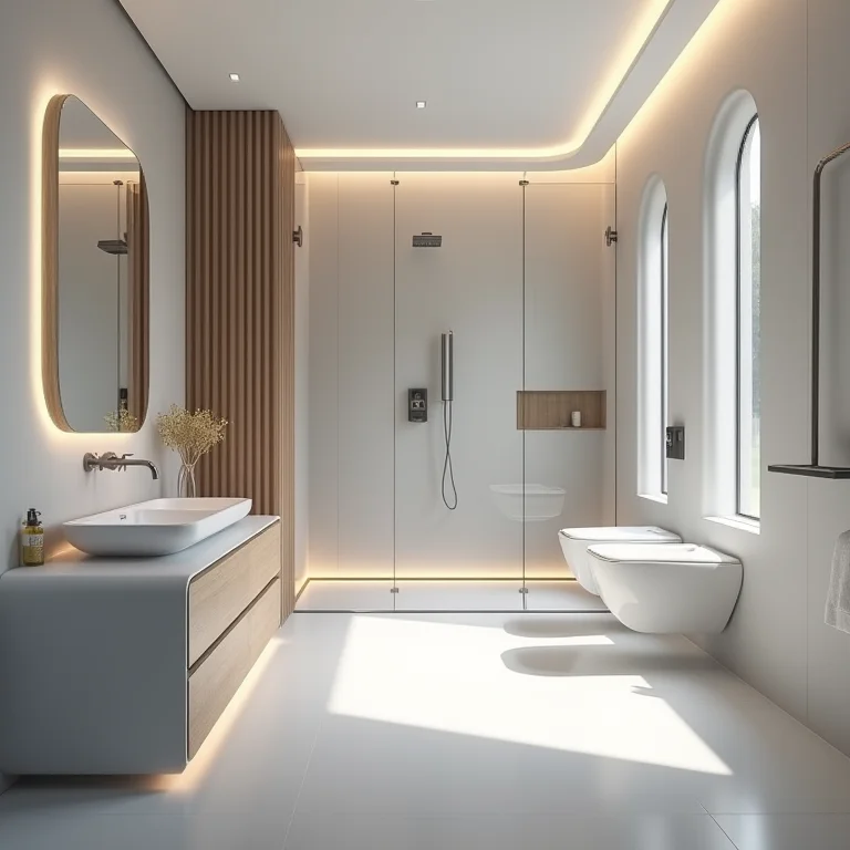 Design futurista de um banheiro inteligente com tecnologias de economia de água