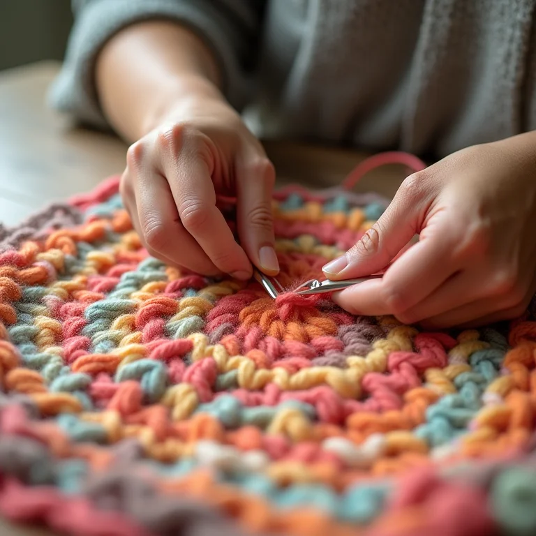 Detalhe das mãos crochetando um tapete de banheiro colorido.