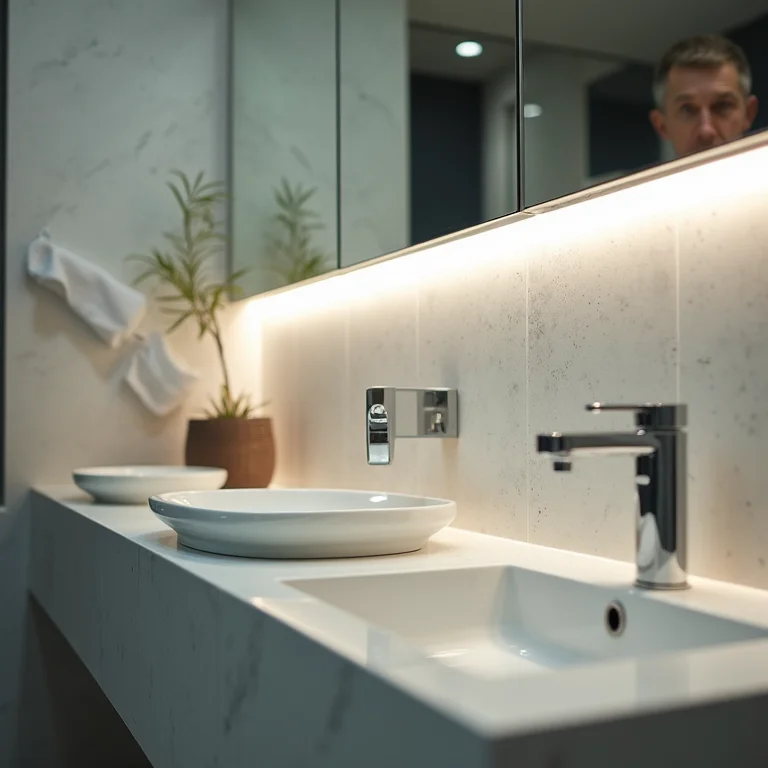 Detalhe de áreas críticas em banheiro com cimento queimado