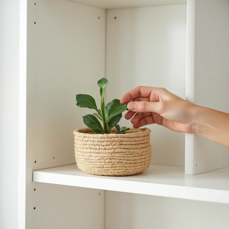 Detalhe de cesto de vime e planta em banheiro escandinavo.