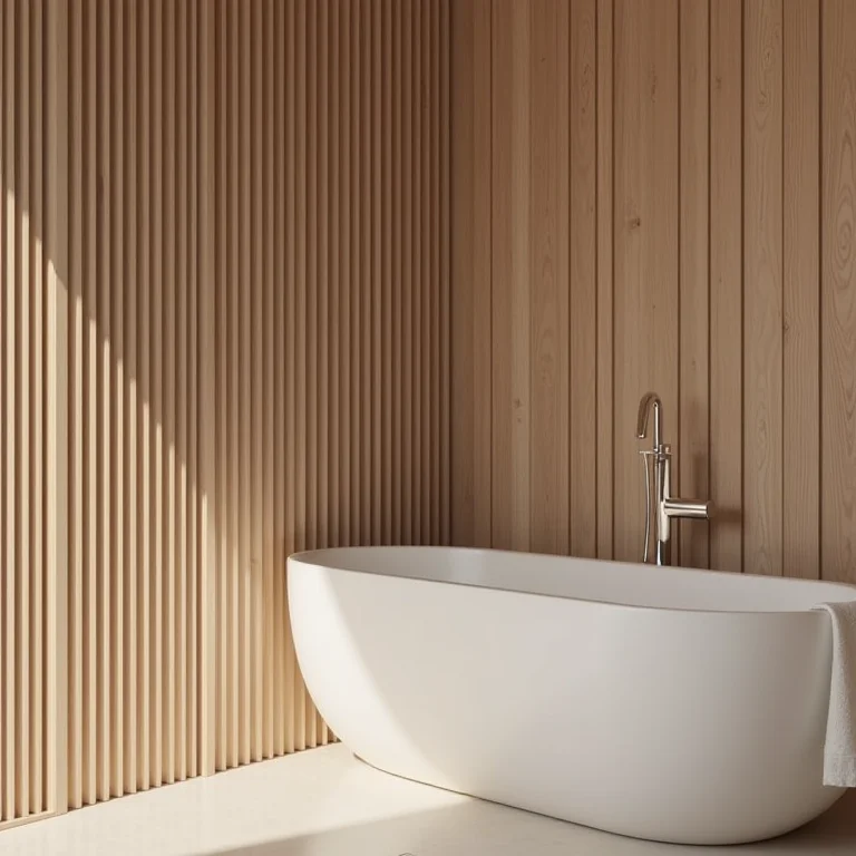 Detalhe de design com parede ripada em banheiro