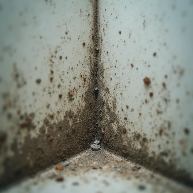 Detalhe de mofo em banheiro mal ventilado.