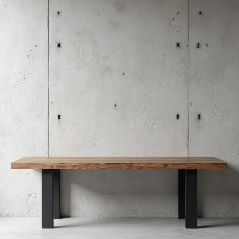 Detalhe de parede de concreto e prateleira de madeira em estilo industrial