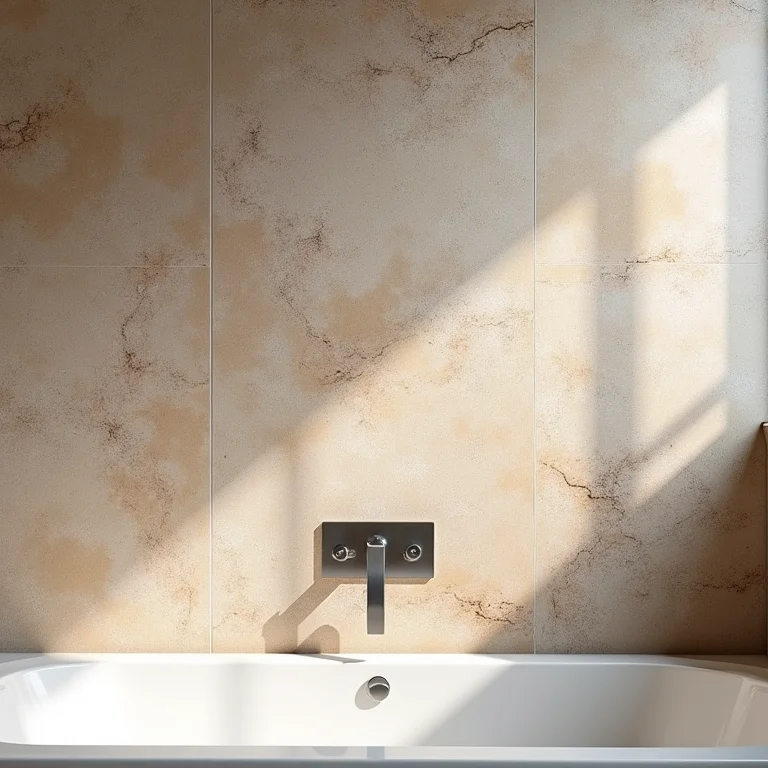 Detalhe de parede de granilite no banheiro.