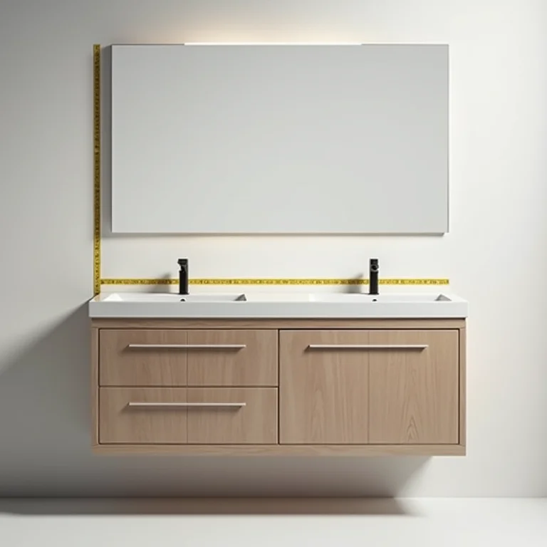 Detalhe de um gabinete de banheiro 70x40 com fita métrica