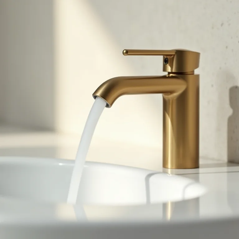 Detalhe de uma torneira de latão em um banheiro sofisticado.