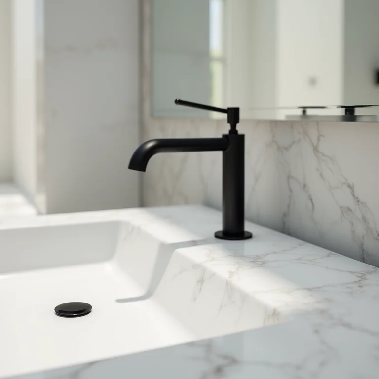 Detalhe elegante de um banheiro com torneira preta fosca e bancada de mármore.