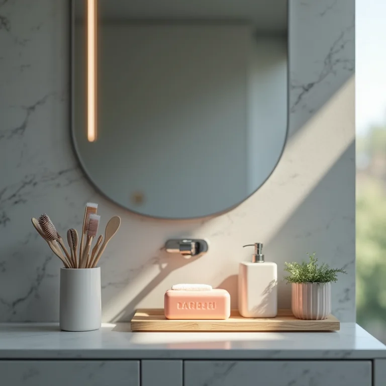 Detalhes coloridos em banheiro cinza