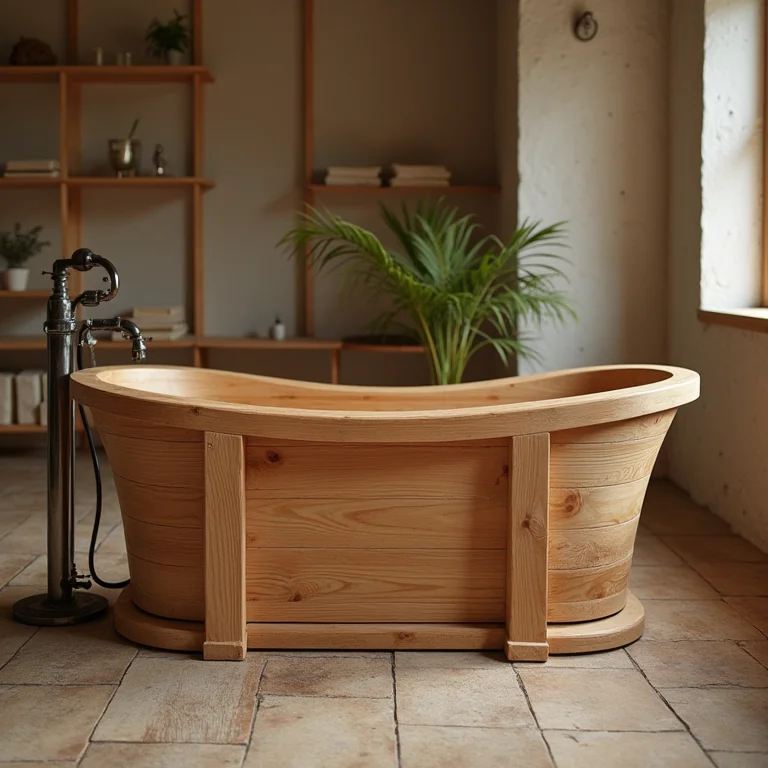 Detalhes da instalação de uma banheira ofurô de madeira.
