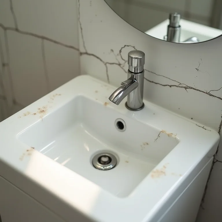 Detalhes de acabamento mal feitos em um banheiro clássico.